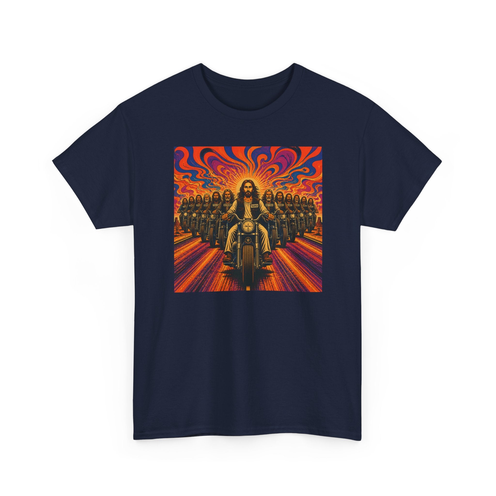 Psychedelic Yashua/Jesus Biker Crew T-Shirt — Retro Jesus Motorcycle Rider Graphic Tee