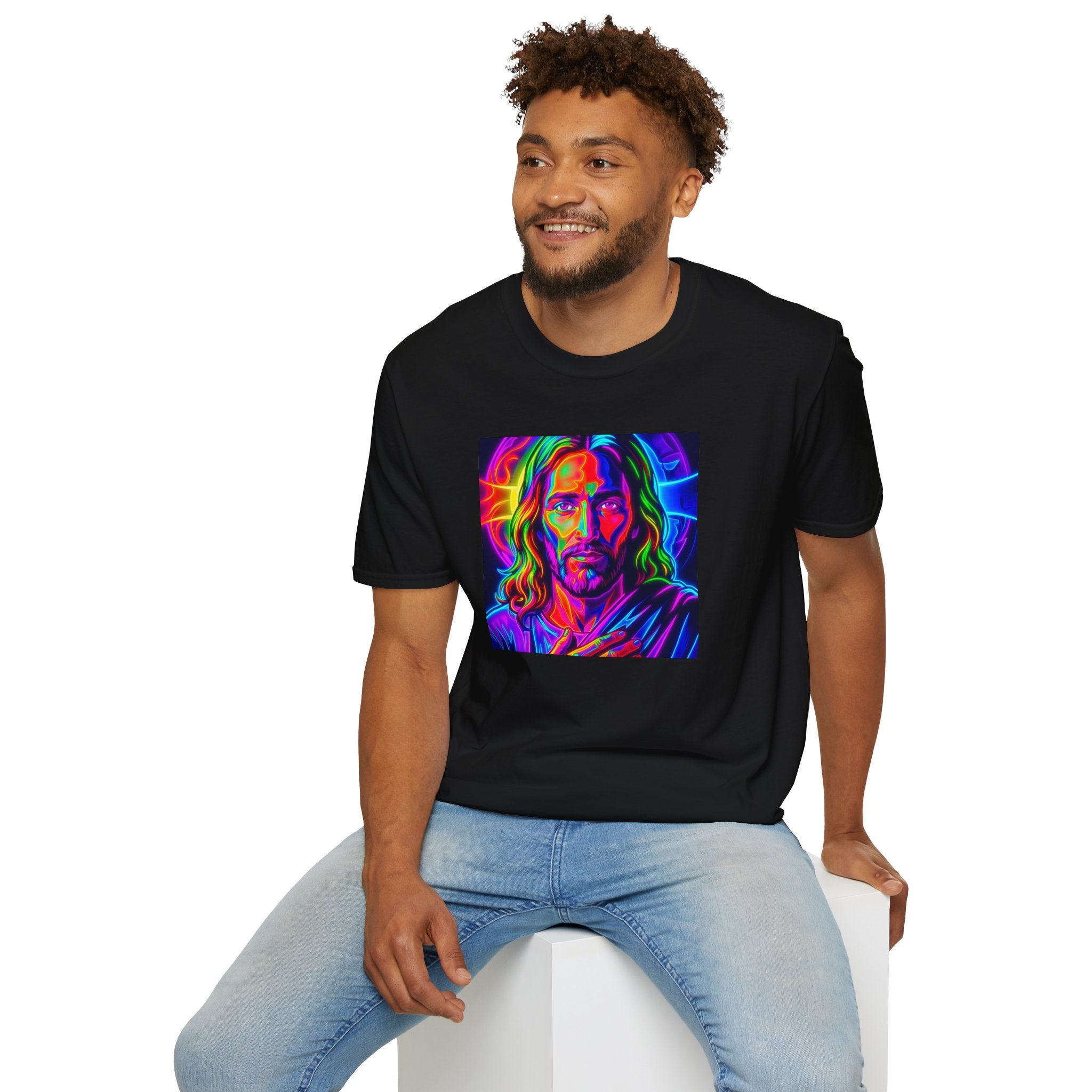Jesus Portrait T-Shirt — Vibrant Neon Christian Art Tee