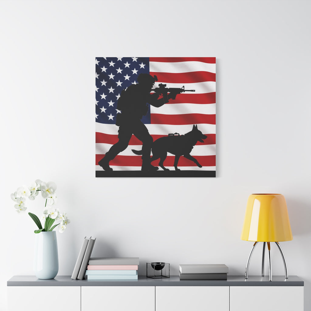 Patriotic Military K9 Canvas Wall Art — Soldier and Dog Silhouette with American Flag