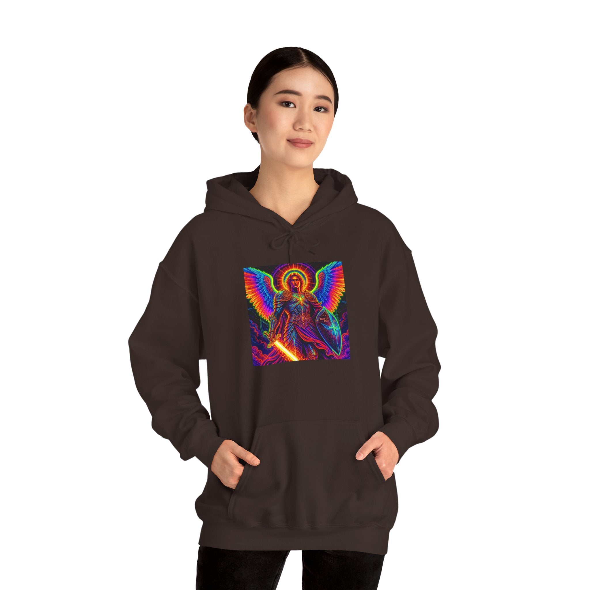 Psychedelic Angel Hoodie — Neon Rainbow Guardian Graphic Sweatshirt