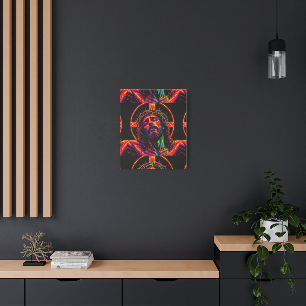 Neon Christ Crucifix Canvas Print — Vibrant Religious Wall Art
