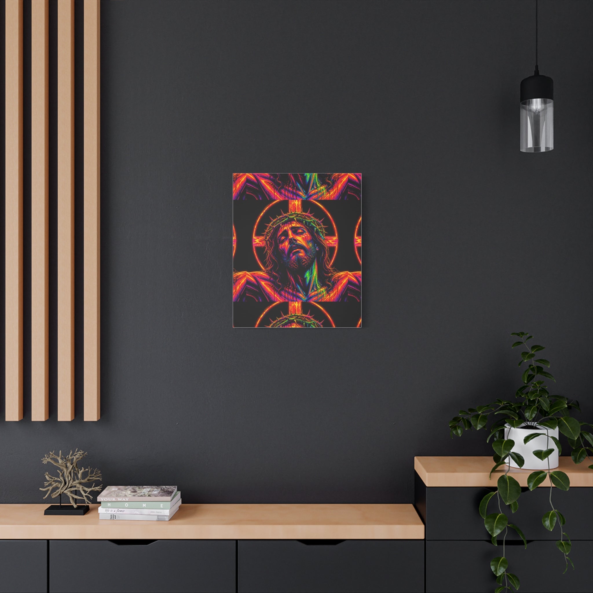 Neon Christ Crucifix Canvas Print — Vibrant Religious Wall Art