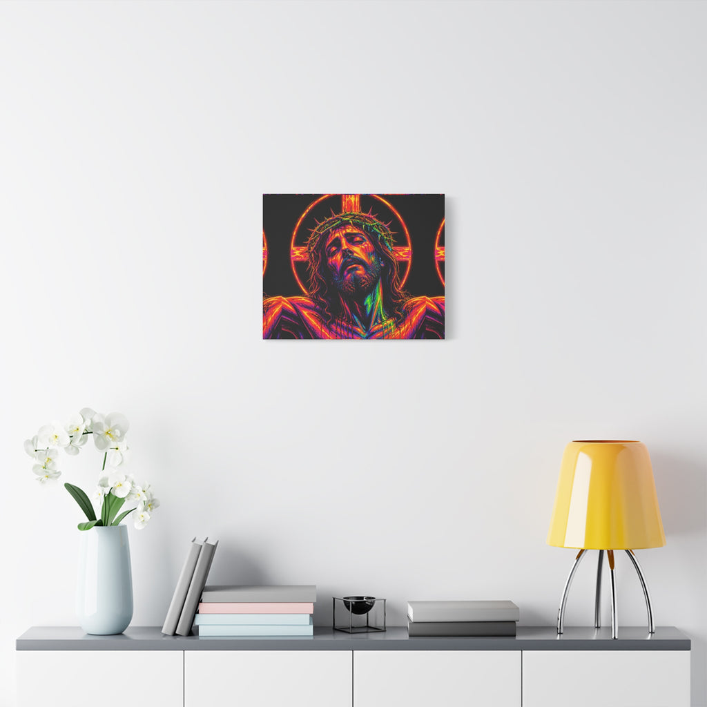 Neon Christ Crucifix Canvas Print — Vibrant Religious Wall Art