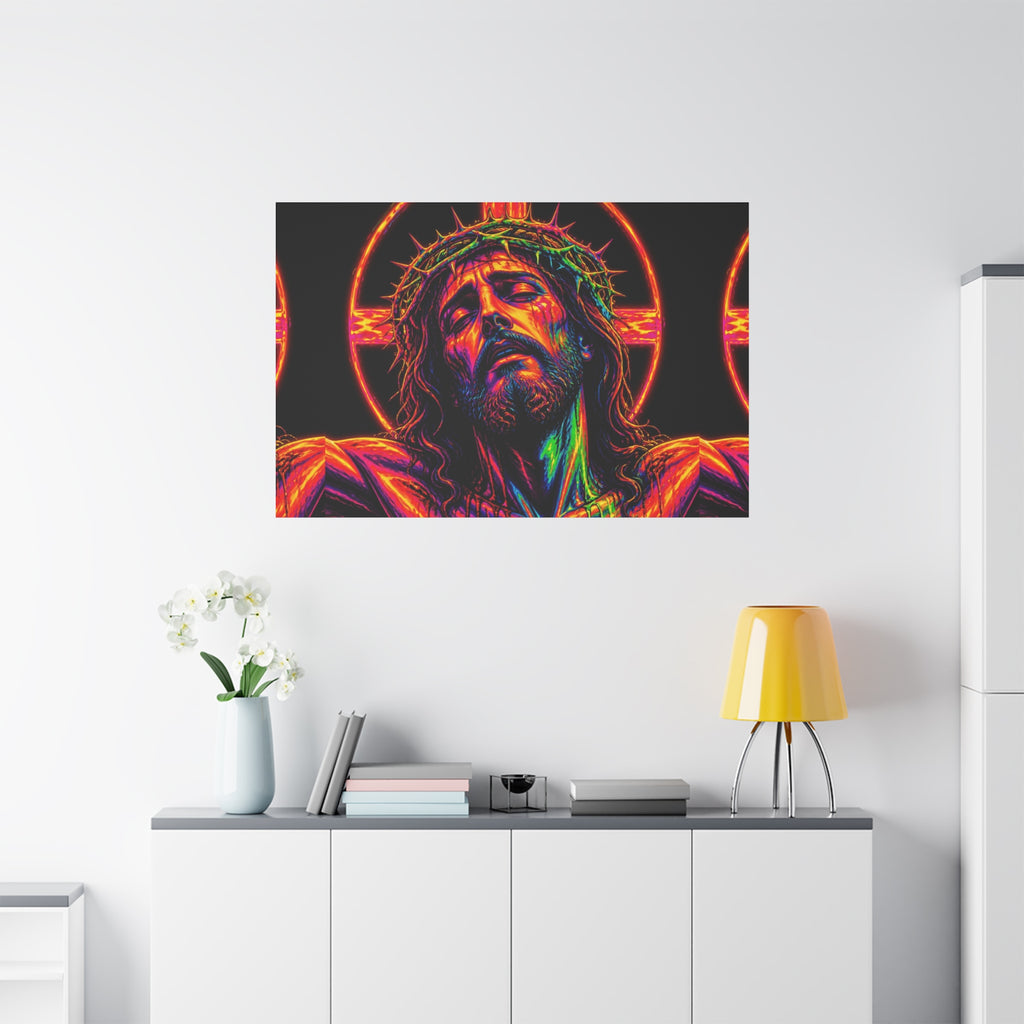 Neon Christ Crucifix Canvas Print — Vibrant Religious Wall Art