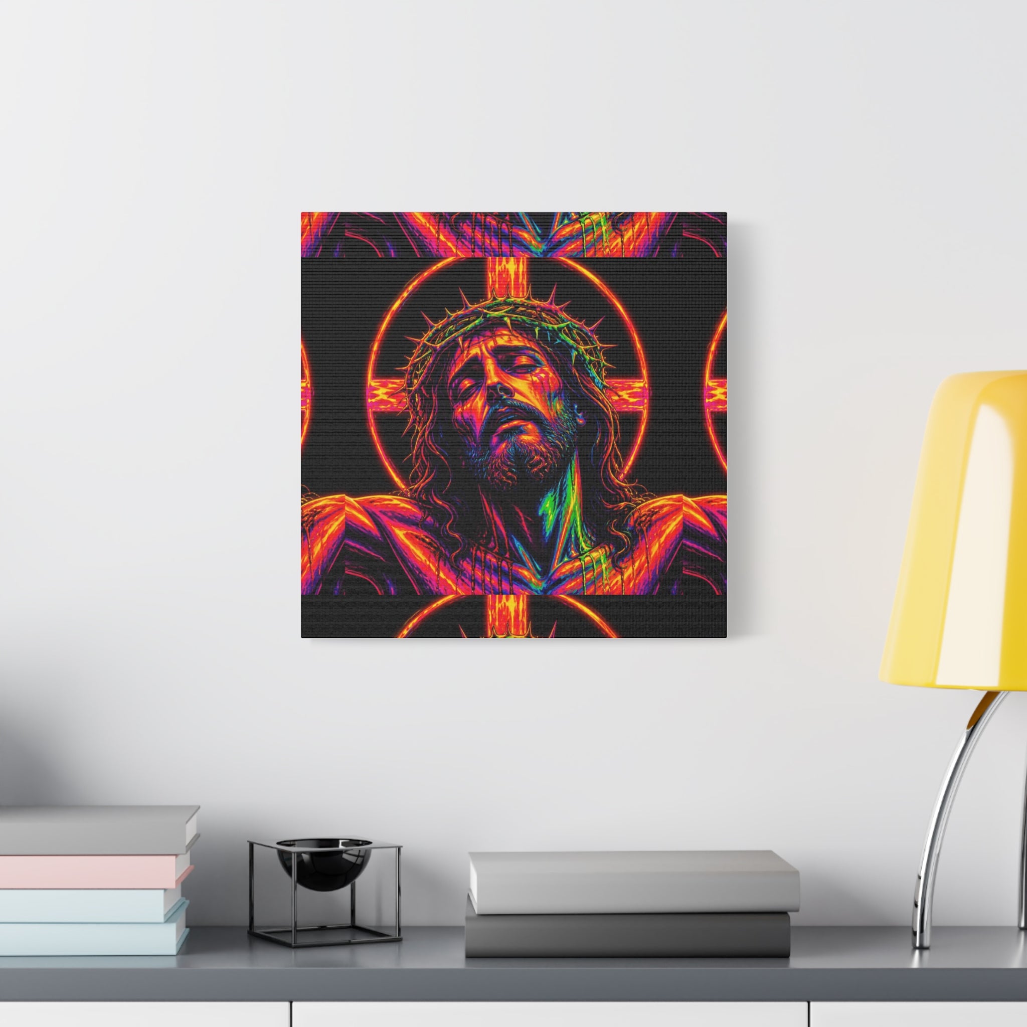Neon Christ Crucifix Canvas Print — Vibrant Religious Wall Art
