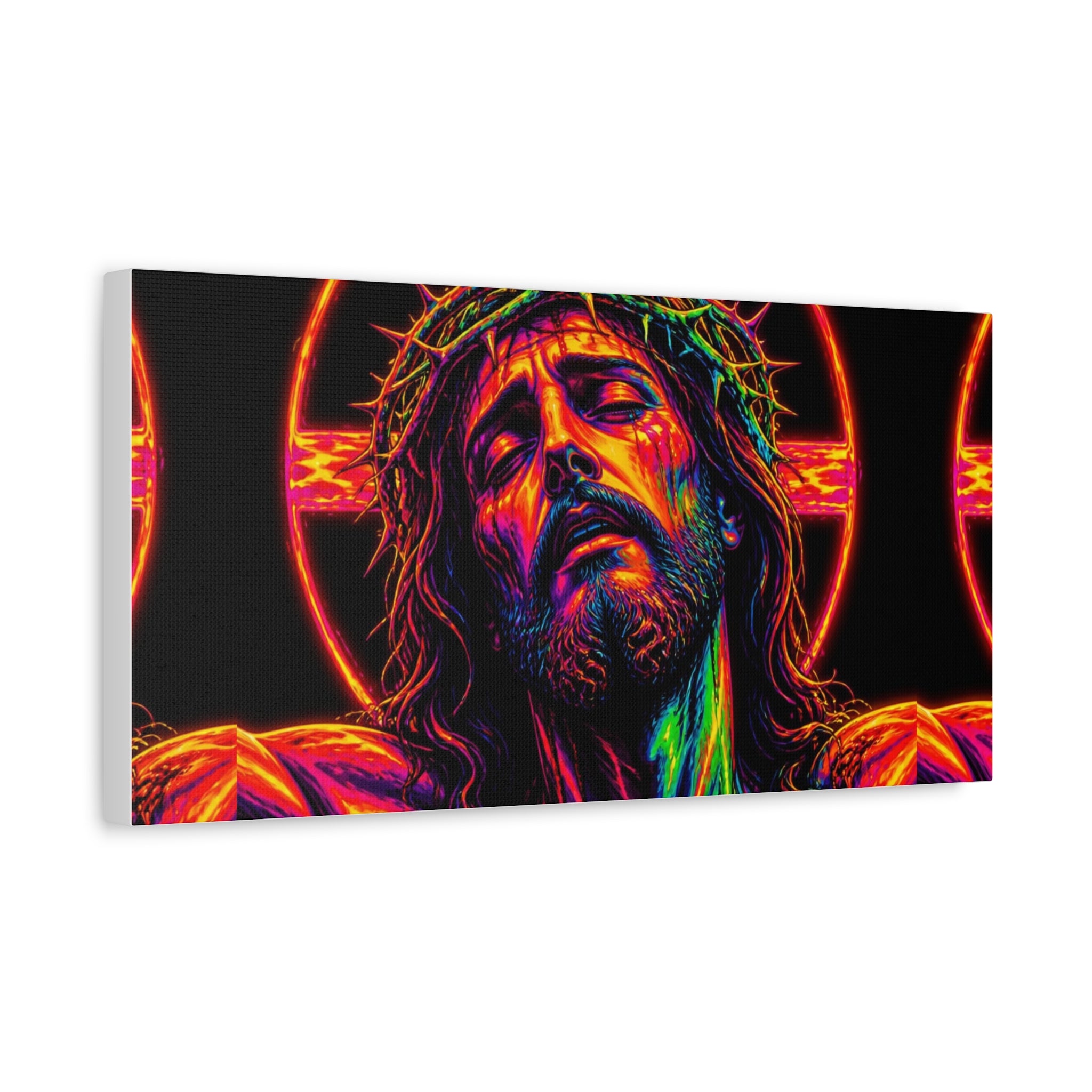 Neon Christ Crucifix Canvas Print — Vibrant Religious Wall Art