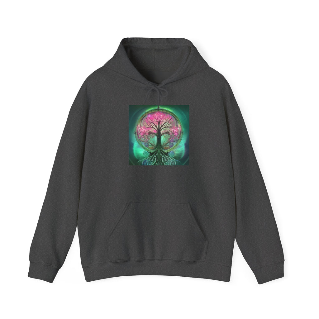 Tree of Life Hoodie — Vibrant Pink & Teal Spiritual Graphic Hooded Sweatshirt