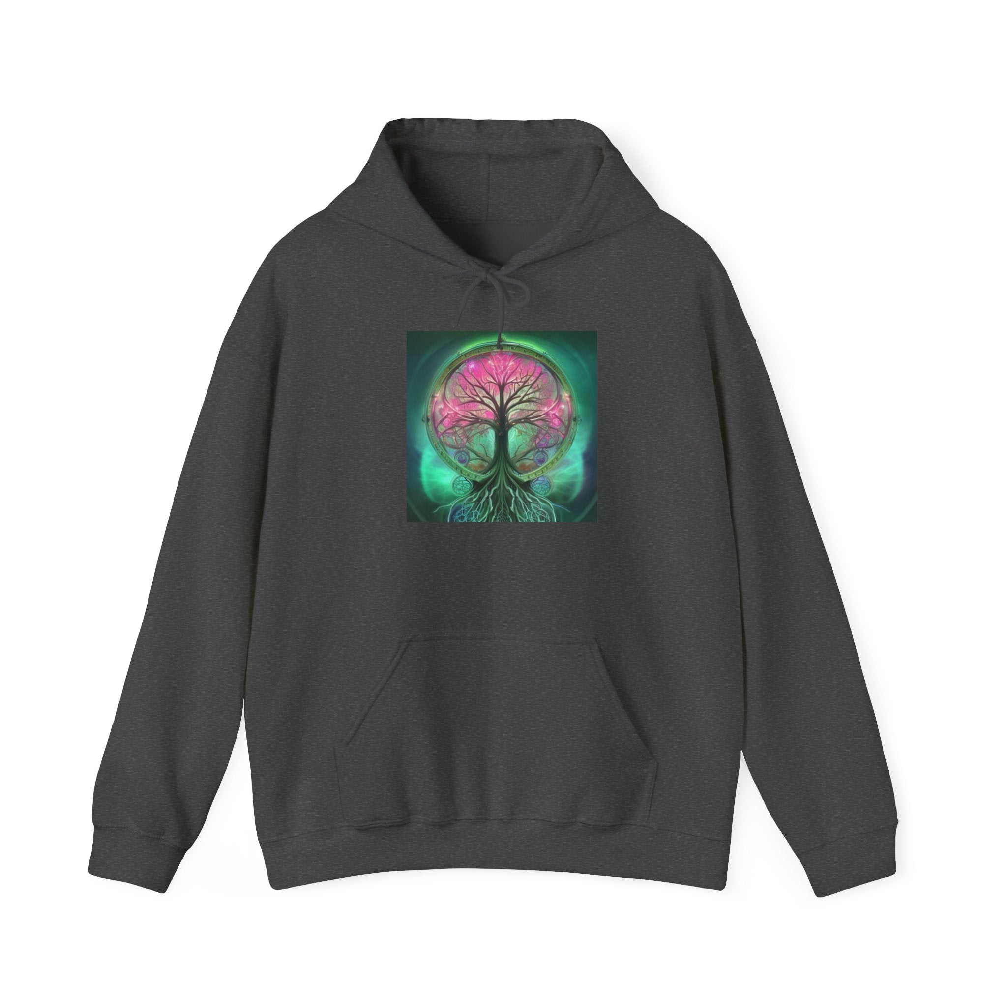 Tree of Life Hoodie — Vibrant Pink & Teal Spiritual Graphic Hooded Sweatshirt