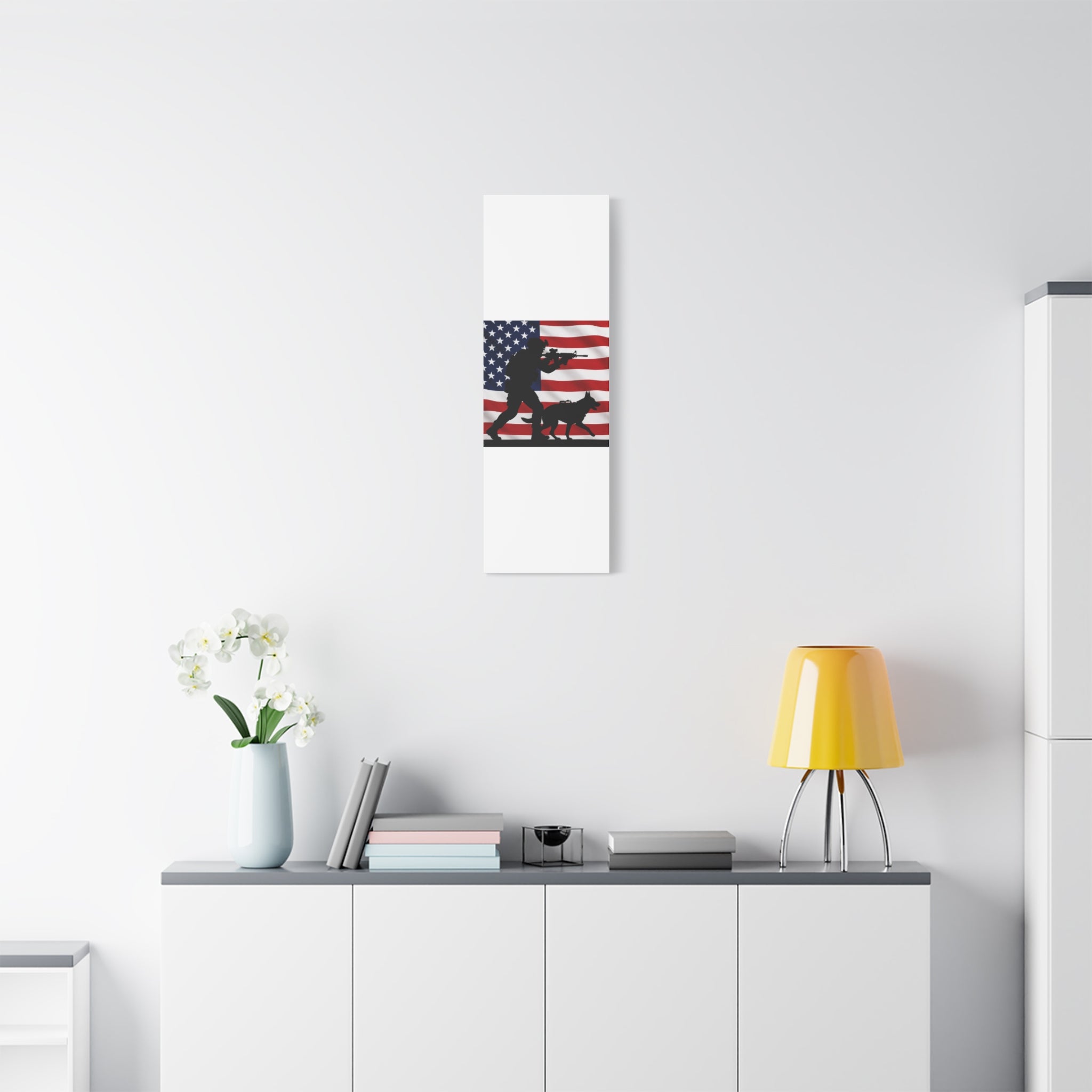 Patriotic Military K9 Canvas Wall Art — Soldier and Dog Silhouette with American Flag