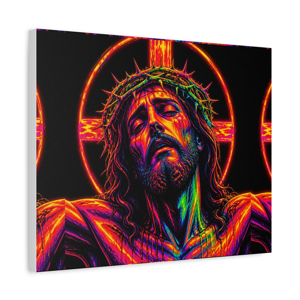 Neon Christ Crucifix Canvas Print — Vibrant Religious Wall Art