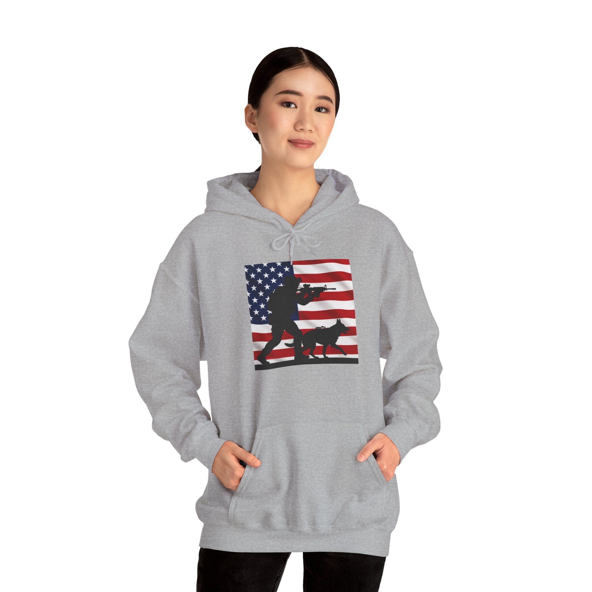 American K9 Handler Hoodie — US Flag Dog Silhouette Patriotic Sweatshirt