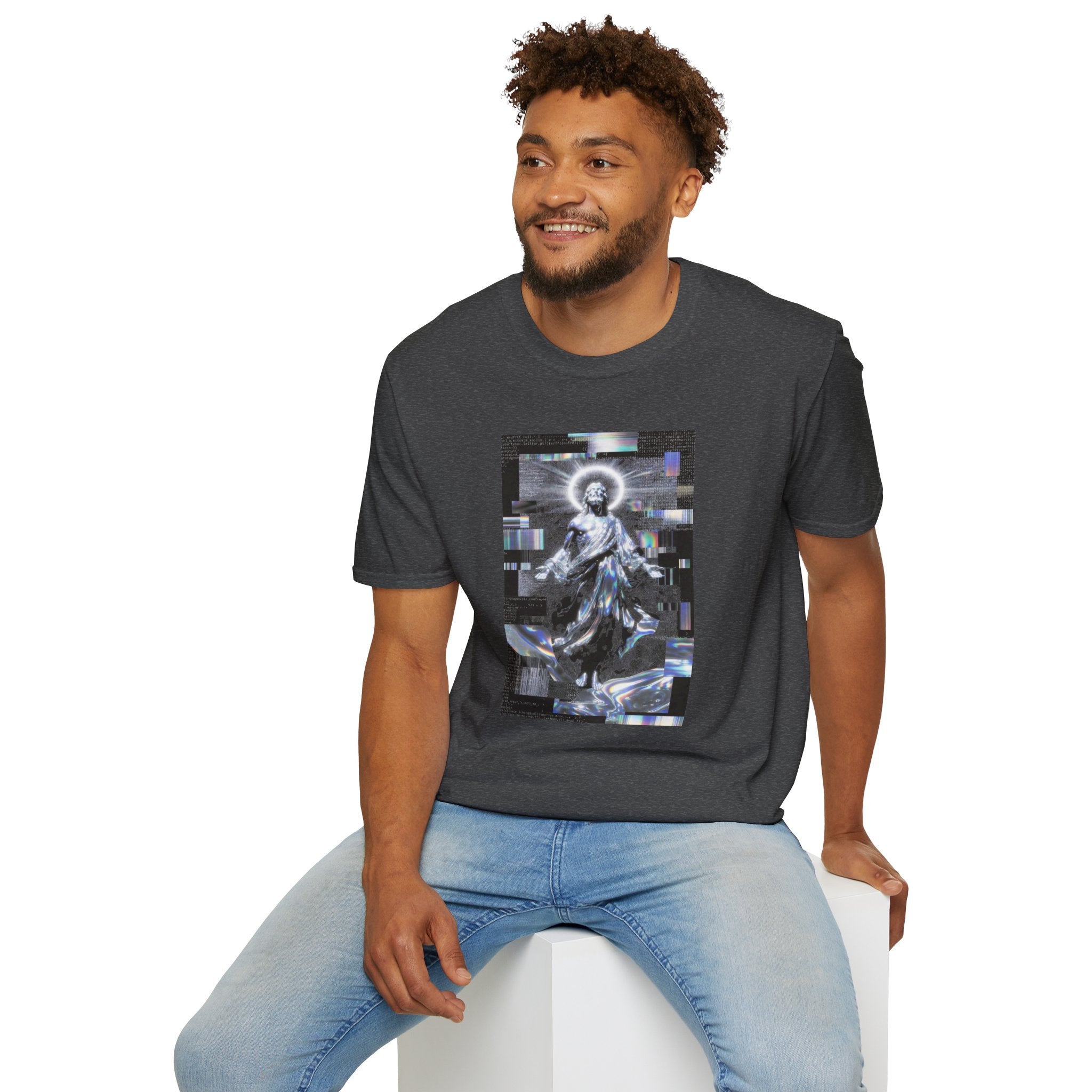 Glitch Halo Jesus T-Shirt — Vintage Religious Retro Digital Art Tee