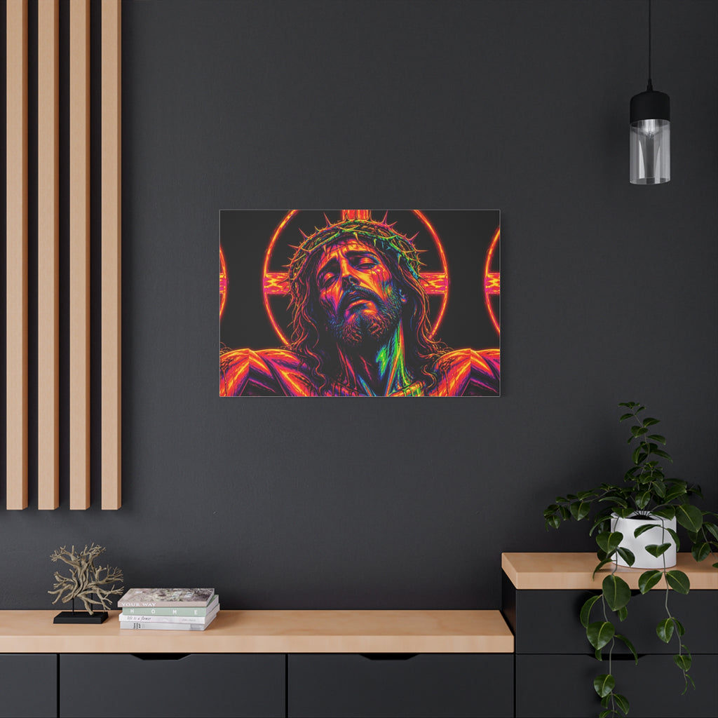 Neon Christ Crucifix Canvas Print — Vibrant Religious Wall Art