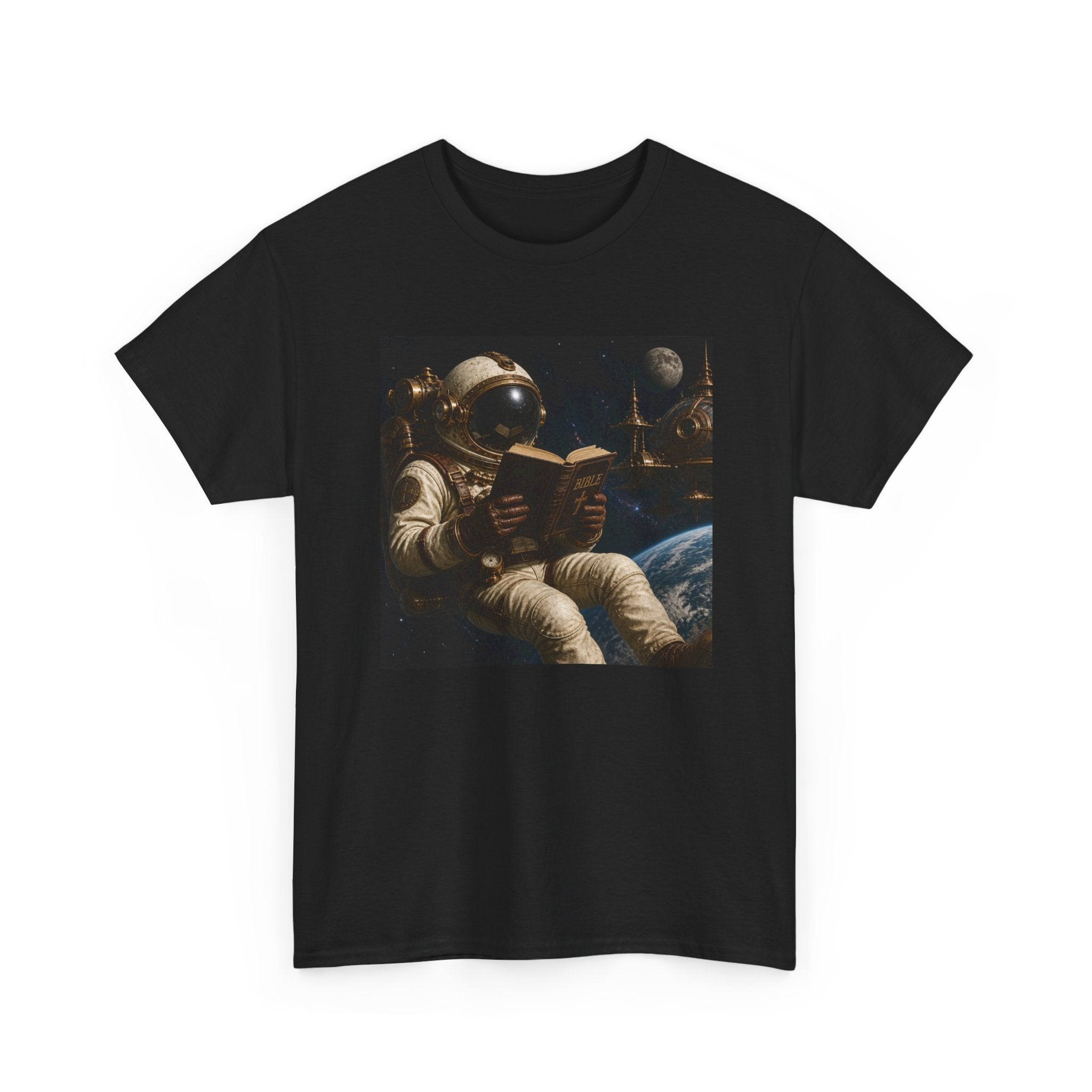 Astronaut Reading Graphic Tee — Spacebook Retro Sci‑Fi T-Shirt - Steampunk