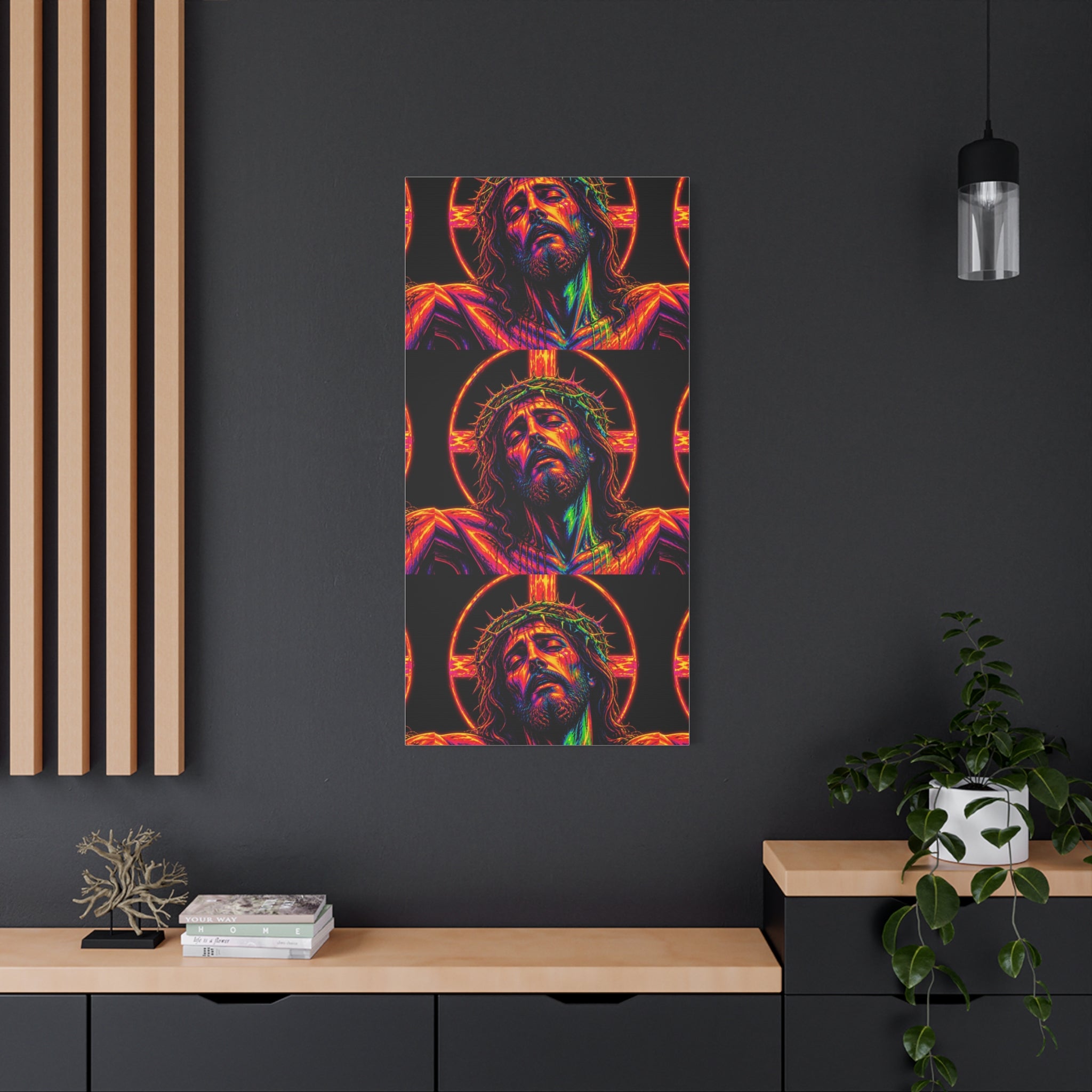 Neon Christ Crucifix Canvas Print — Vibrant Religious Wall Art