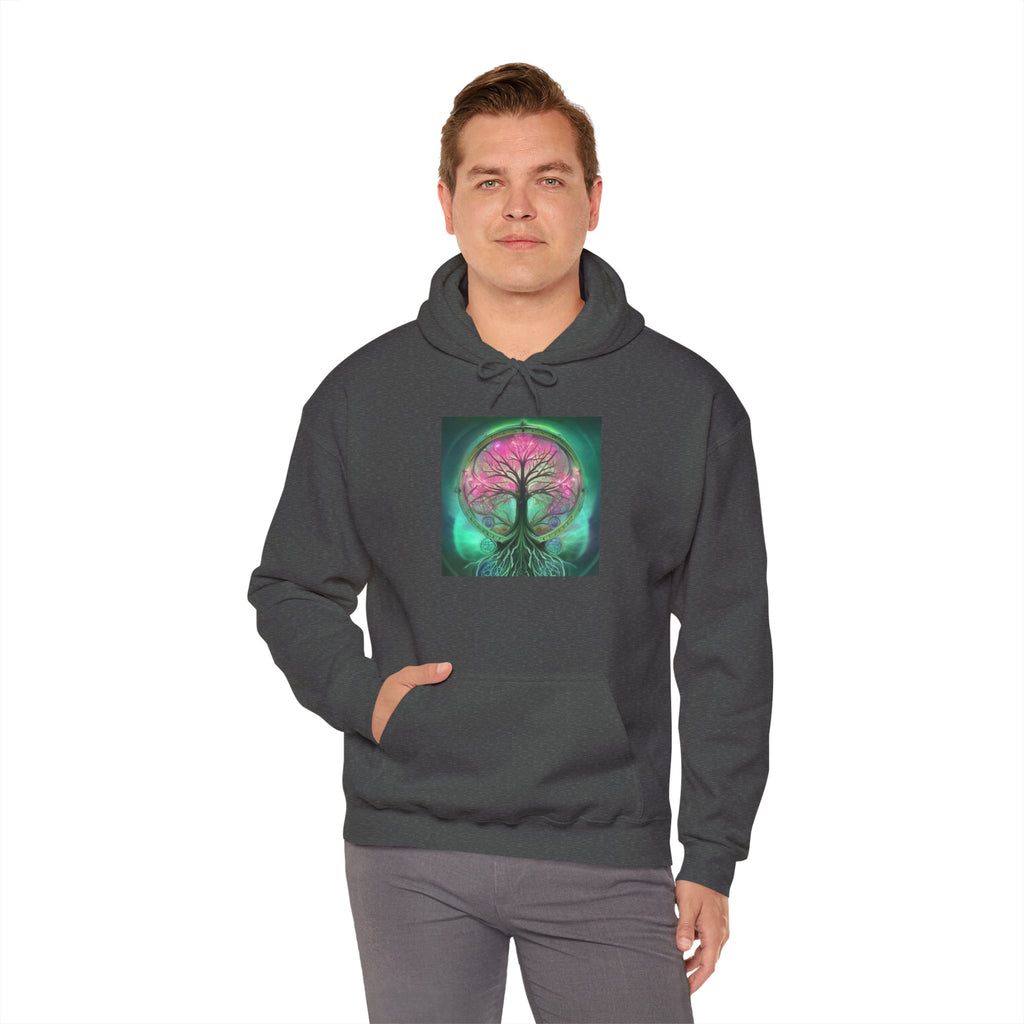 Tree of Life Hoodie — Vibrant Pink & Teal Spiritual Graphic Hooded Sweatshirt