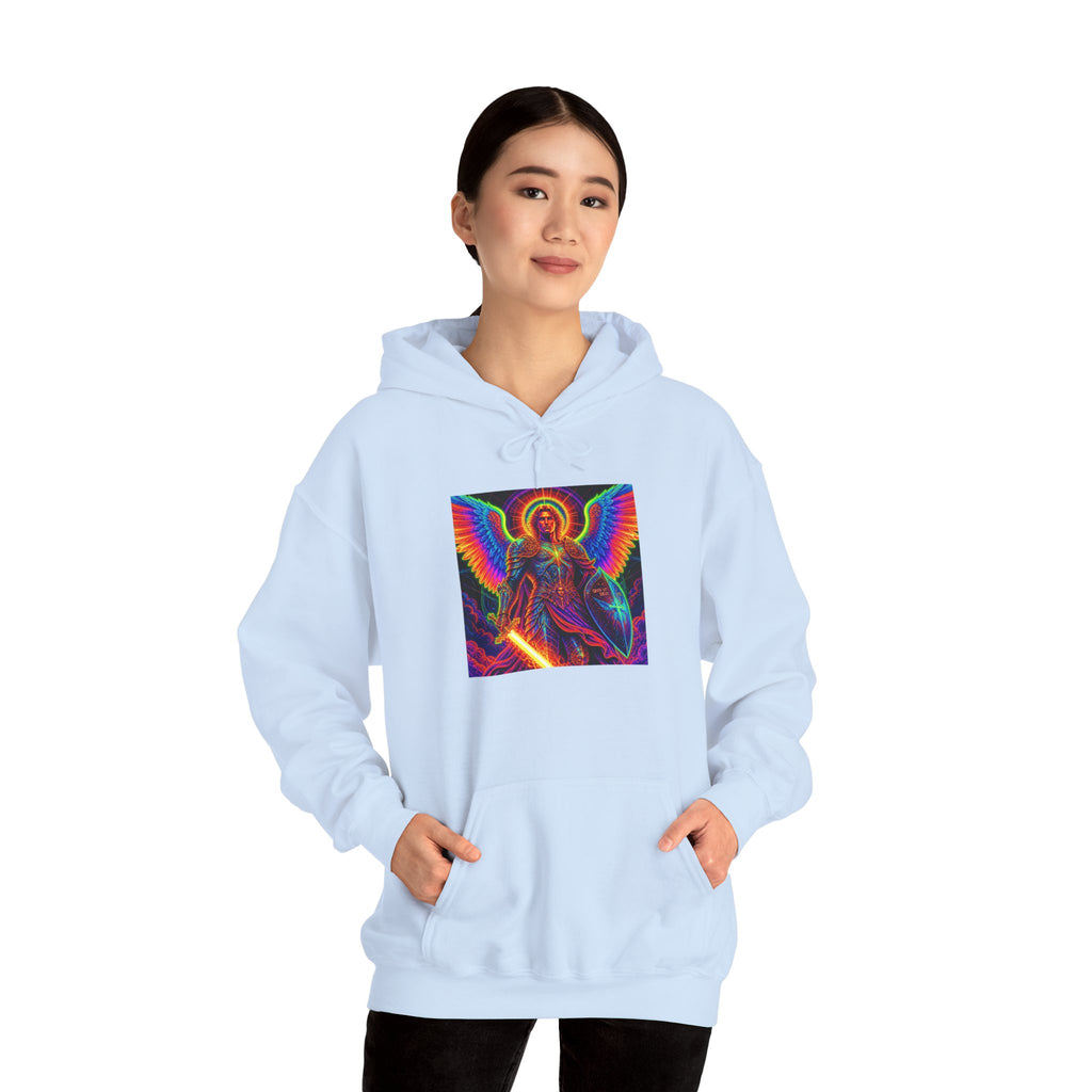 Psychedelic Angel Hoodie — Neon Rainbow Guardian Graphic Sweatshirt