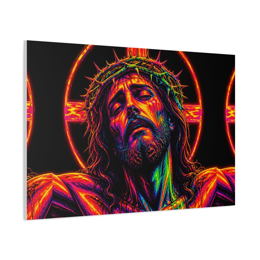 Neon Christ Crucifix Canvas Print — Vibrant Religious Wall Art