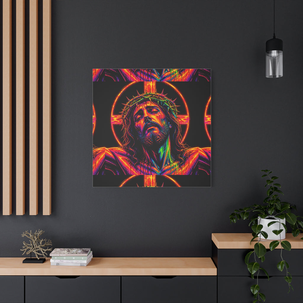 Neon Christ Crucifix Canvas Print — Vibrant Religious Wall Art