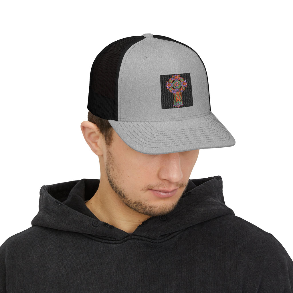 Floral Cross Snapback Trucker Cap — Colorful Mosaic Church Cross Hat