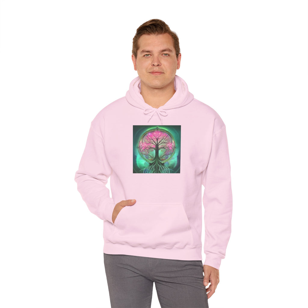 Tree of Life Hoodie — Vibrant Pink & Teal Spiritual Graphic Hooded Sweatshirt