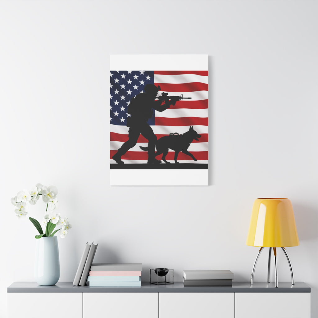 Patriotic Military K9 Canvas Wall Art — Soldier and Dog Silhouette with American Flag