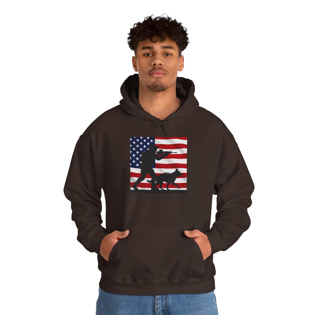 American K9 Handler Hoodie — US Flag Dog Silhouette Patriotic Sweatshirt