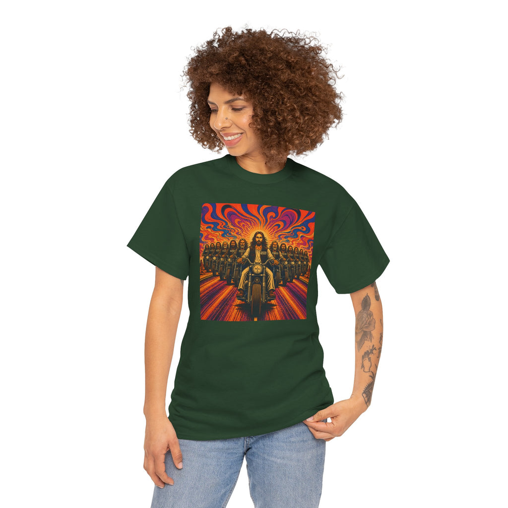 Psychedelic Yashua/Jesus Biker Crew T-Shirt — Retro Jesus Motorcycle Rider Graphic Tee
