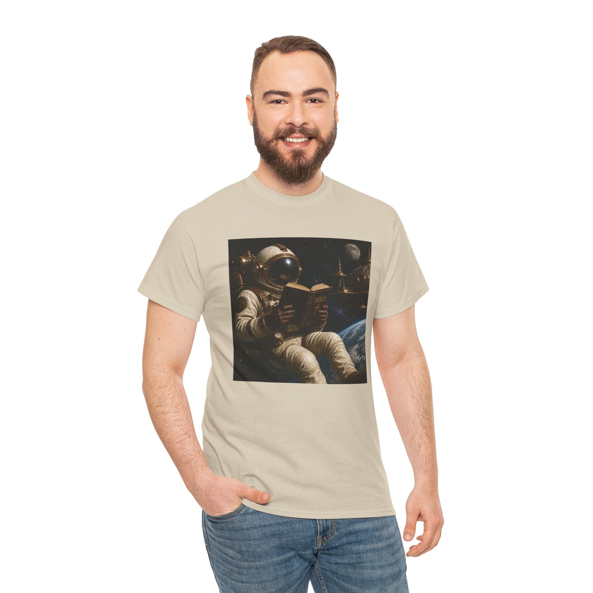 Astronaut Reading Graphic Tee — Spacebook Retro Sci‑Fi T-Shirt - Steampunk