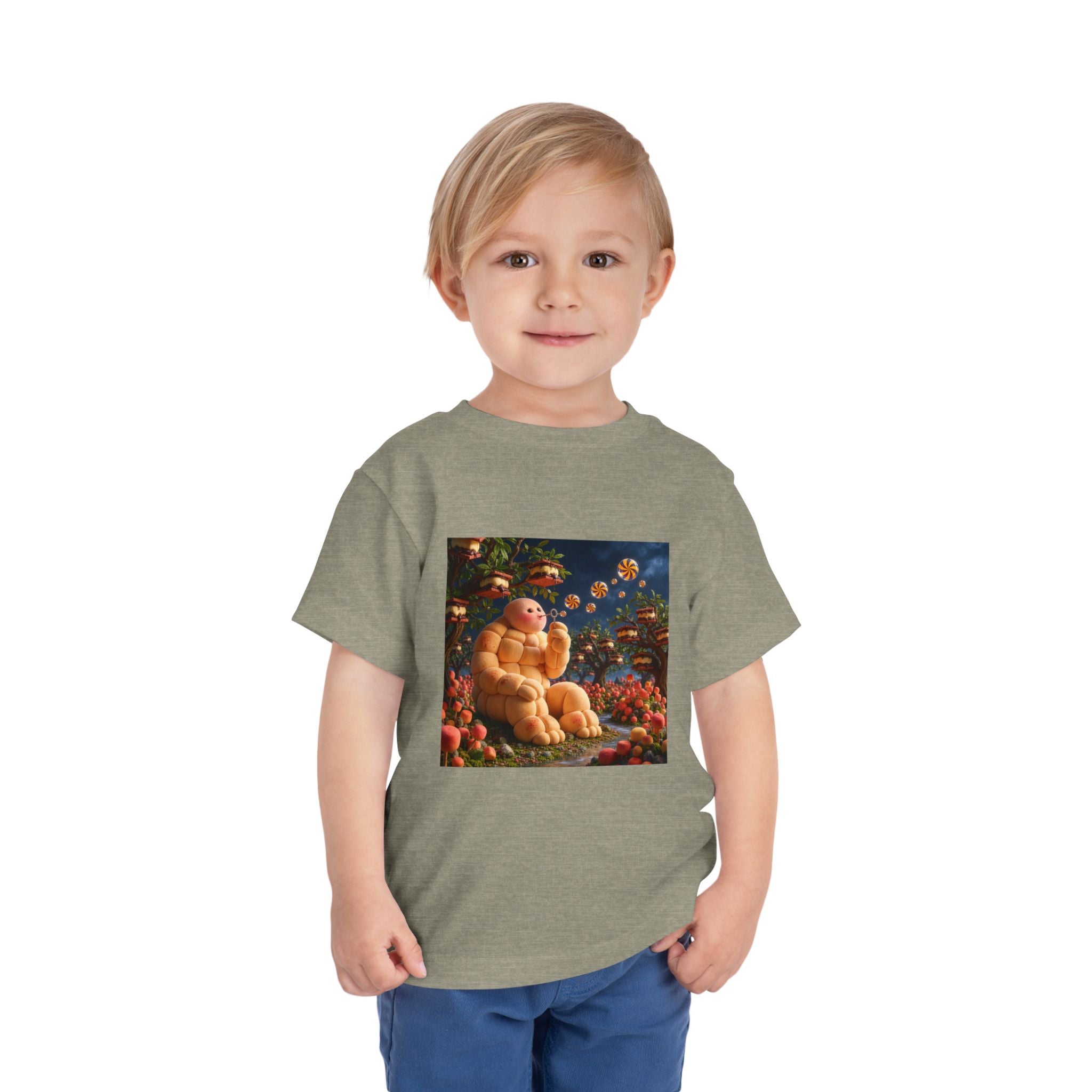 Toddler Tee — Cute Chubby Creature in Flower Garden Kids Shirt-Marshmallow Man