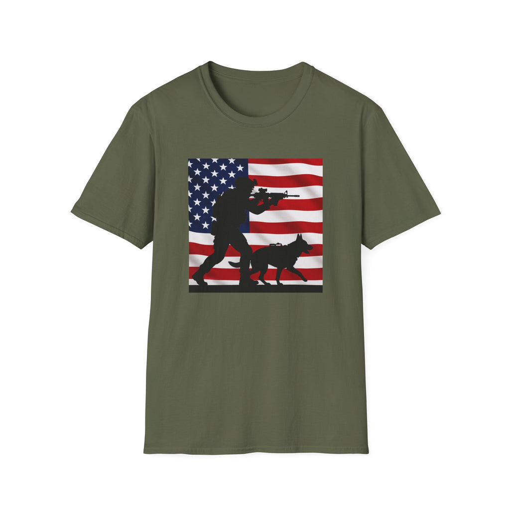 Patriotic K9 Handler T-Shirt — American Flag Soldier with Dog Graphic