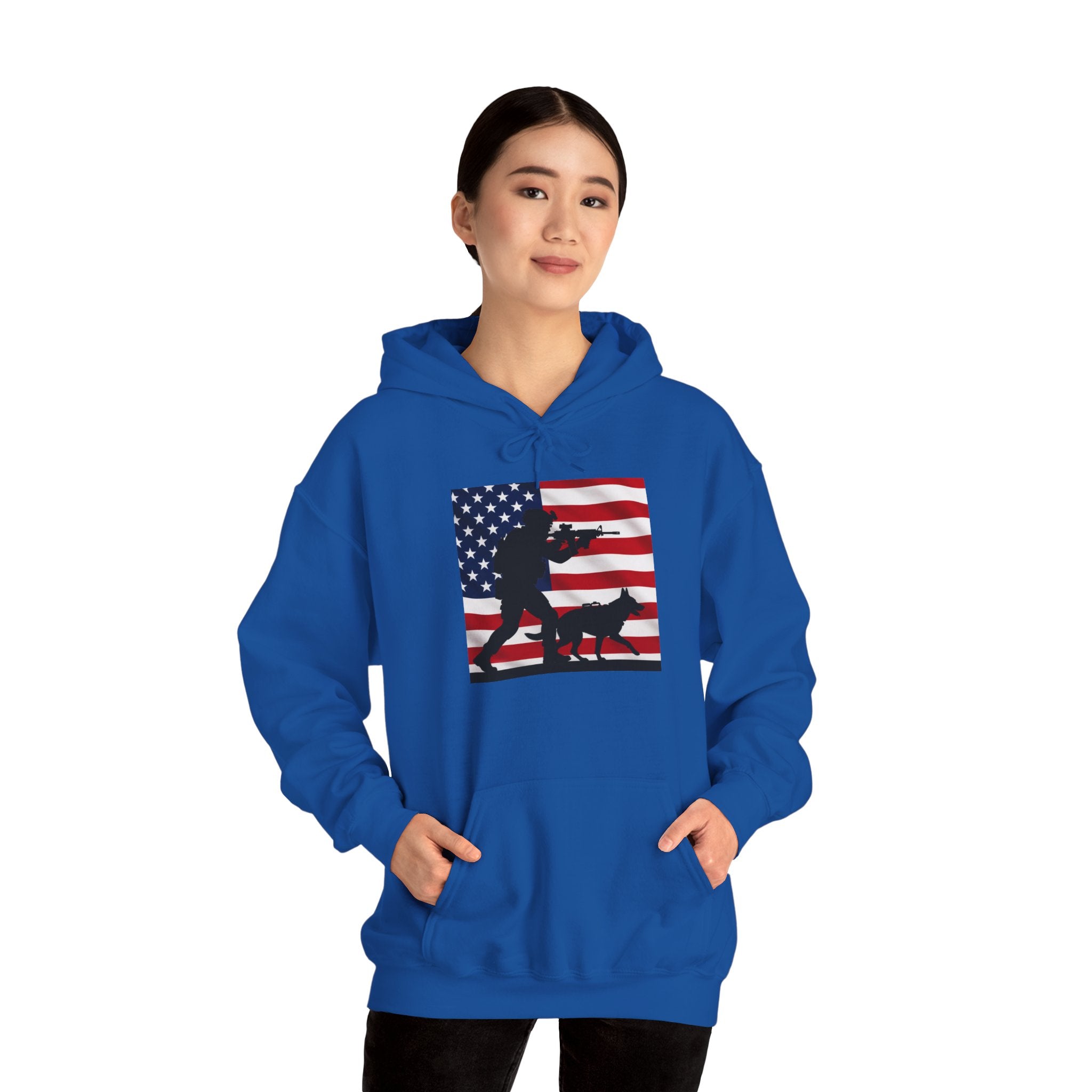 American K9 Handler Hoodie — US Flag Dog Silhouette Patriotic Sweatshirt