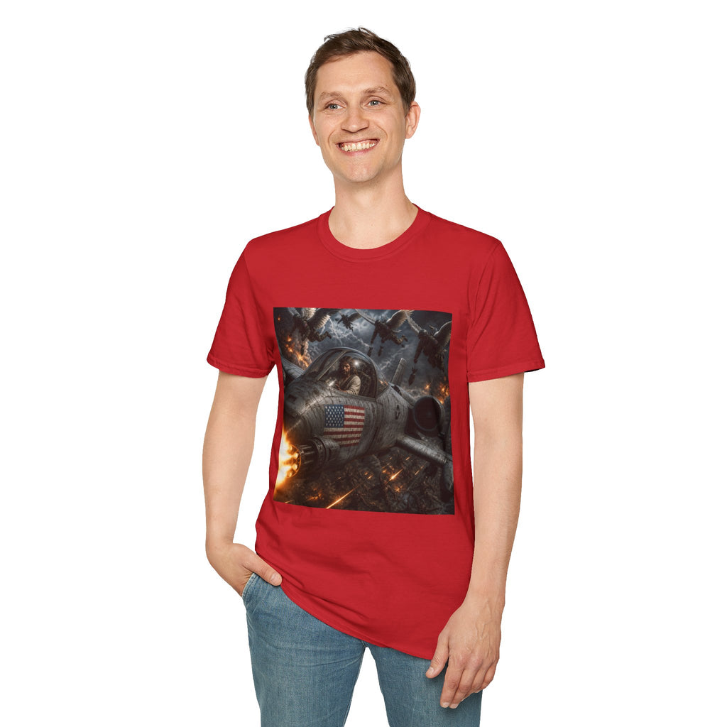 Jesus Military Pilot T‑Shirt — Vintage Jetfighter Scene with American Flag
