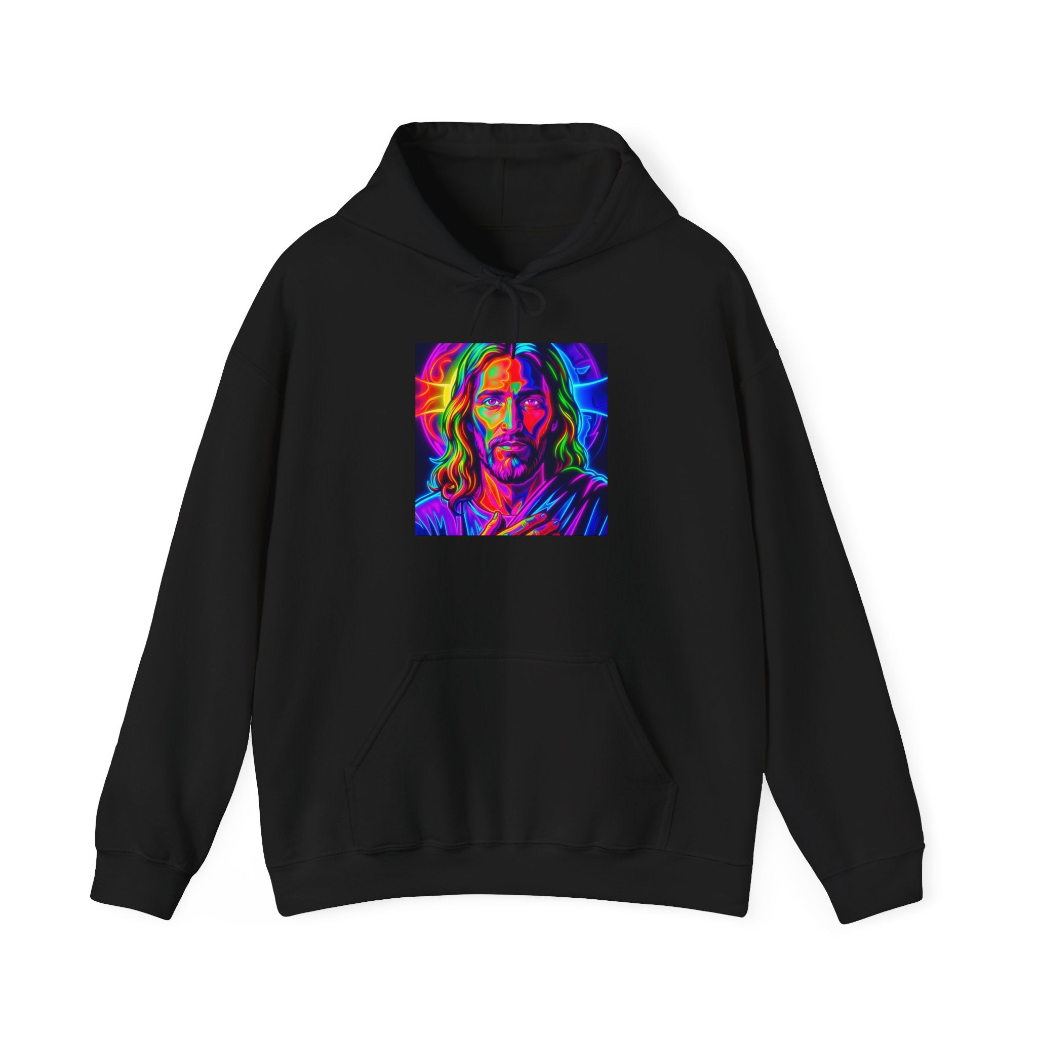 Psychedelic Jesus Portrait Hoodie — Vibrant Rainbow Christian Graphic Sweatshirt