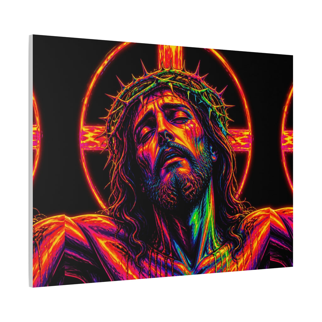 Neon Christ Crucifix Canvas Print — Vibrant Religious Wall Art