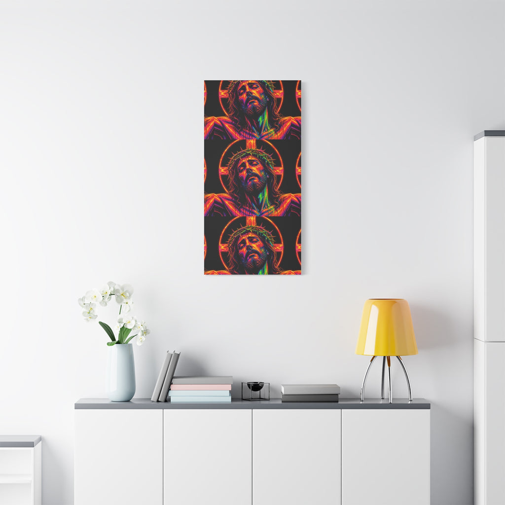 Neon Christ Crucifix Canvas Print — Vibrant Religious Wall Art