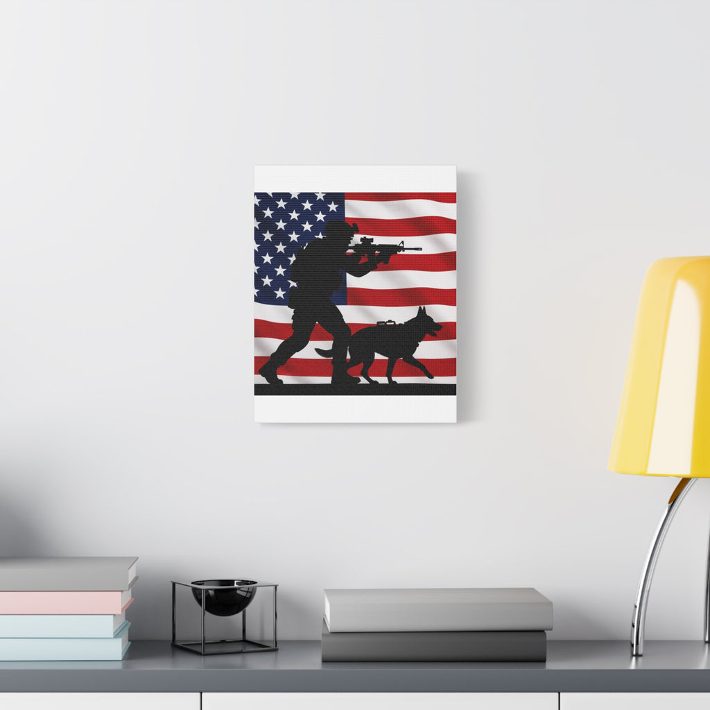 Patriotic Military K9 Canvas Wall Art — Soldier and Dog Silhouette with American Flag