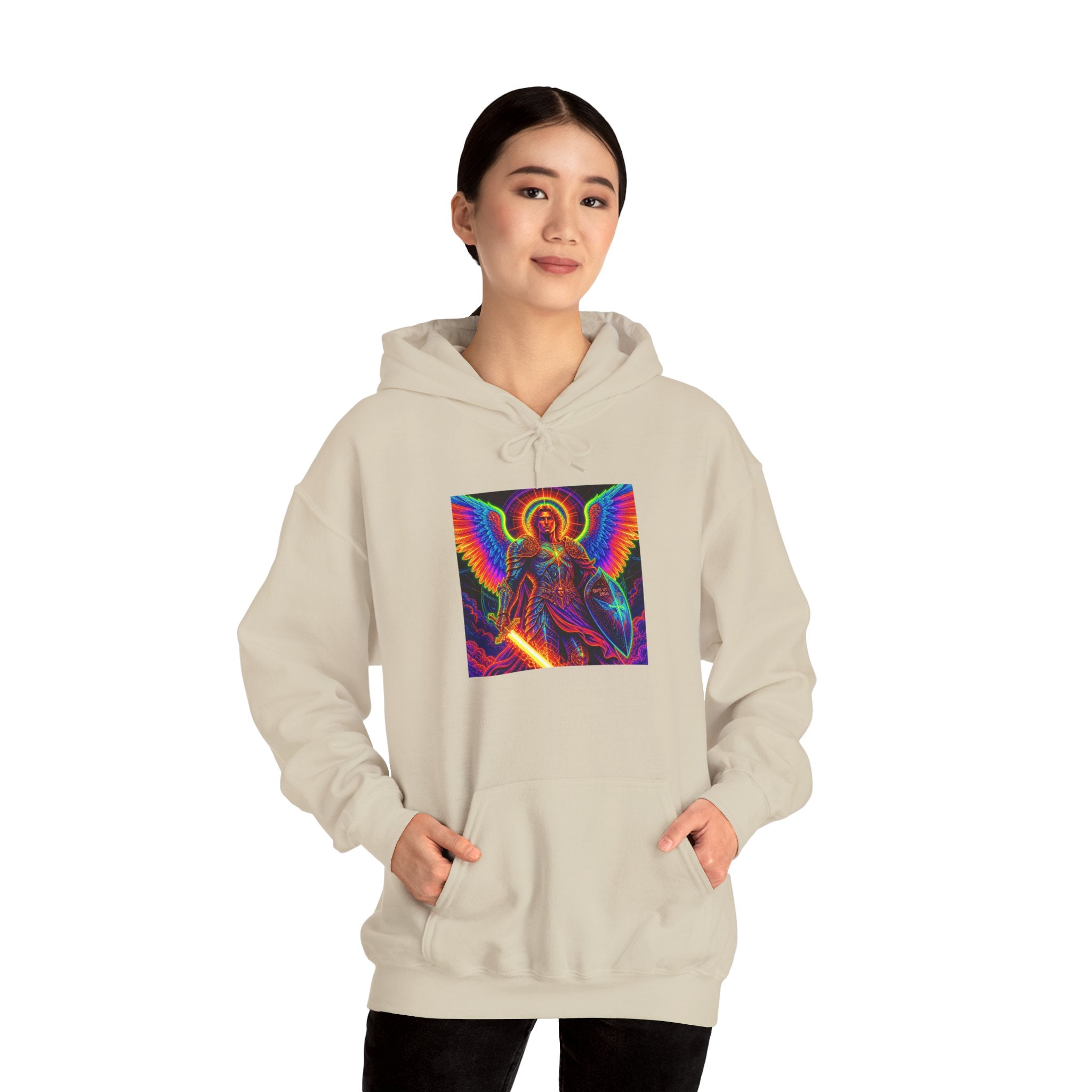 Psychedelic Angel Hoodie — Neon Rainbow Guardian Graphic Sweatshirt