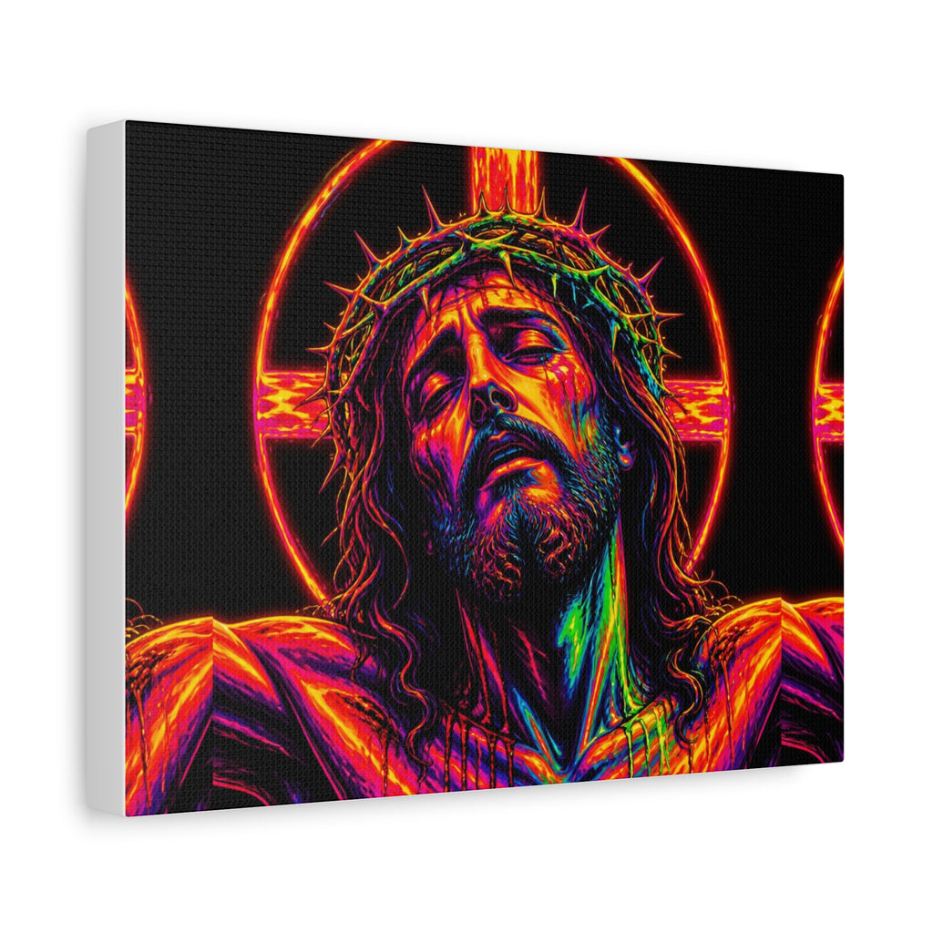 Neon Christ Crucifix Canvas Print — Vibrant Religious Wall Art