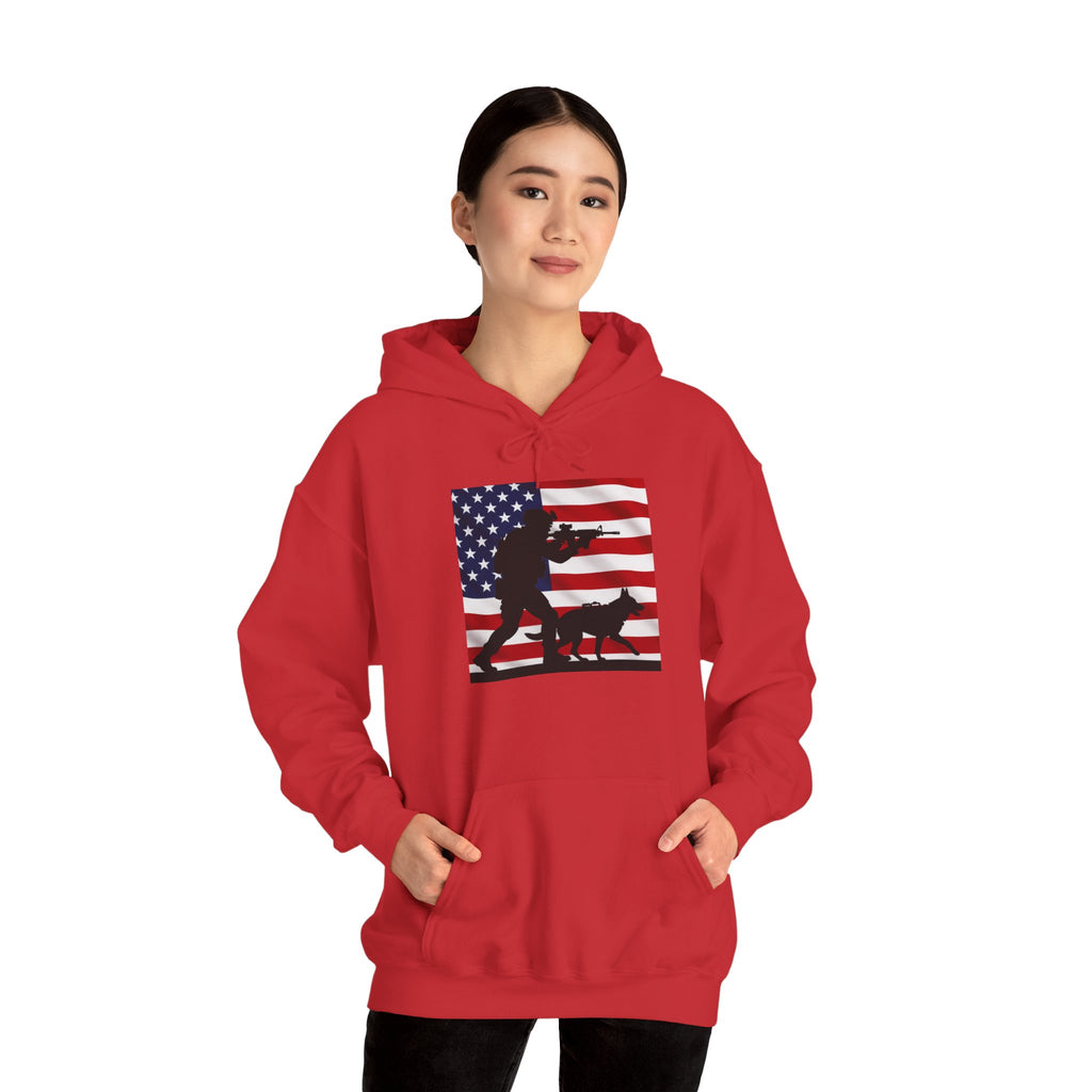 American K9 Handler Hoodie — US Flag Dog Silhouette Patriotic Sweatshirt