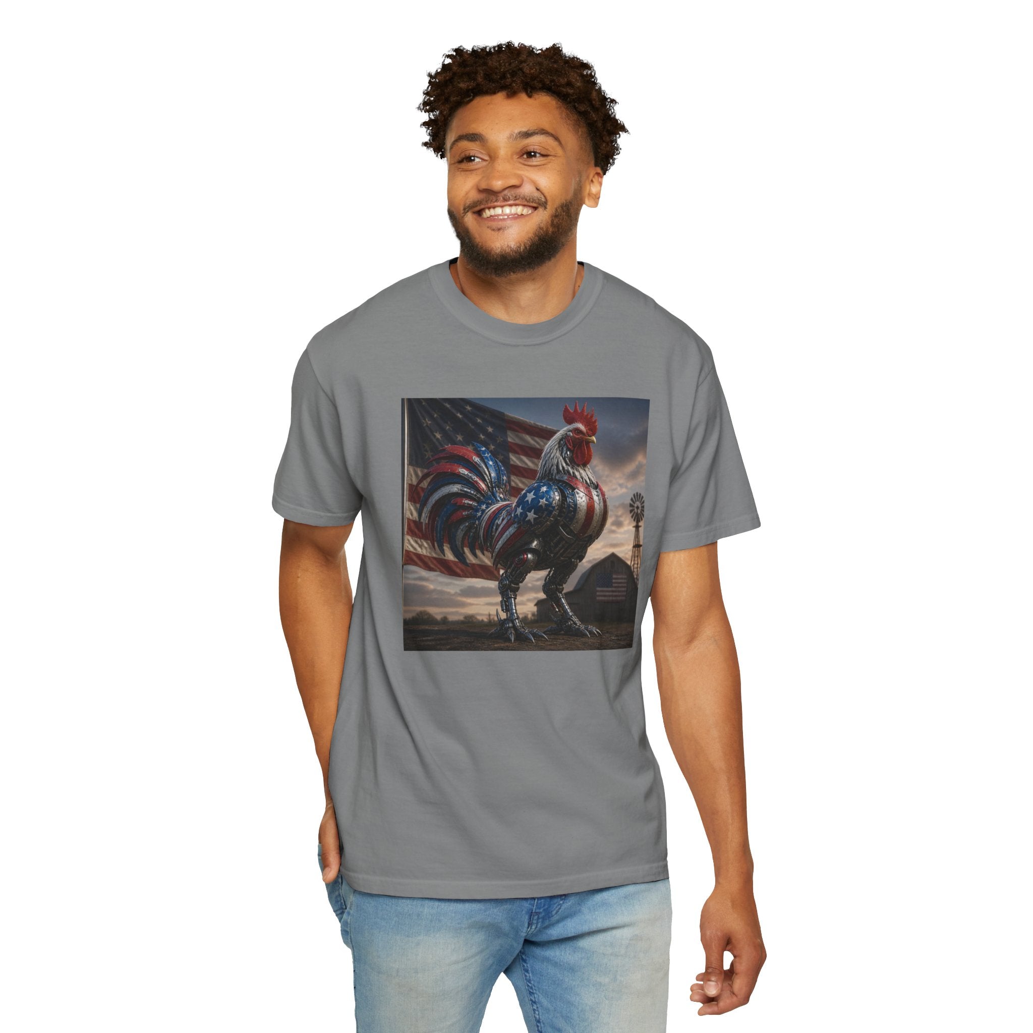Patriotic Rooster T-Shirt — American Flag Farmhouse Graphic Tee