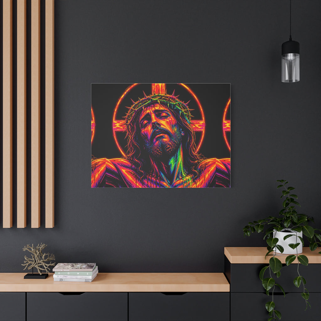 Neon Christ Crucifix Canvas Print — Vibrant Religious Wall Art