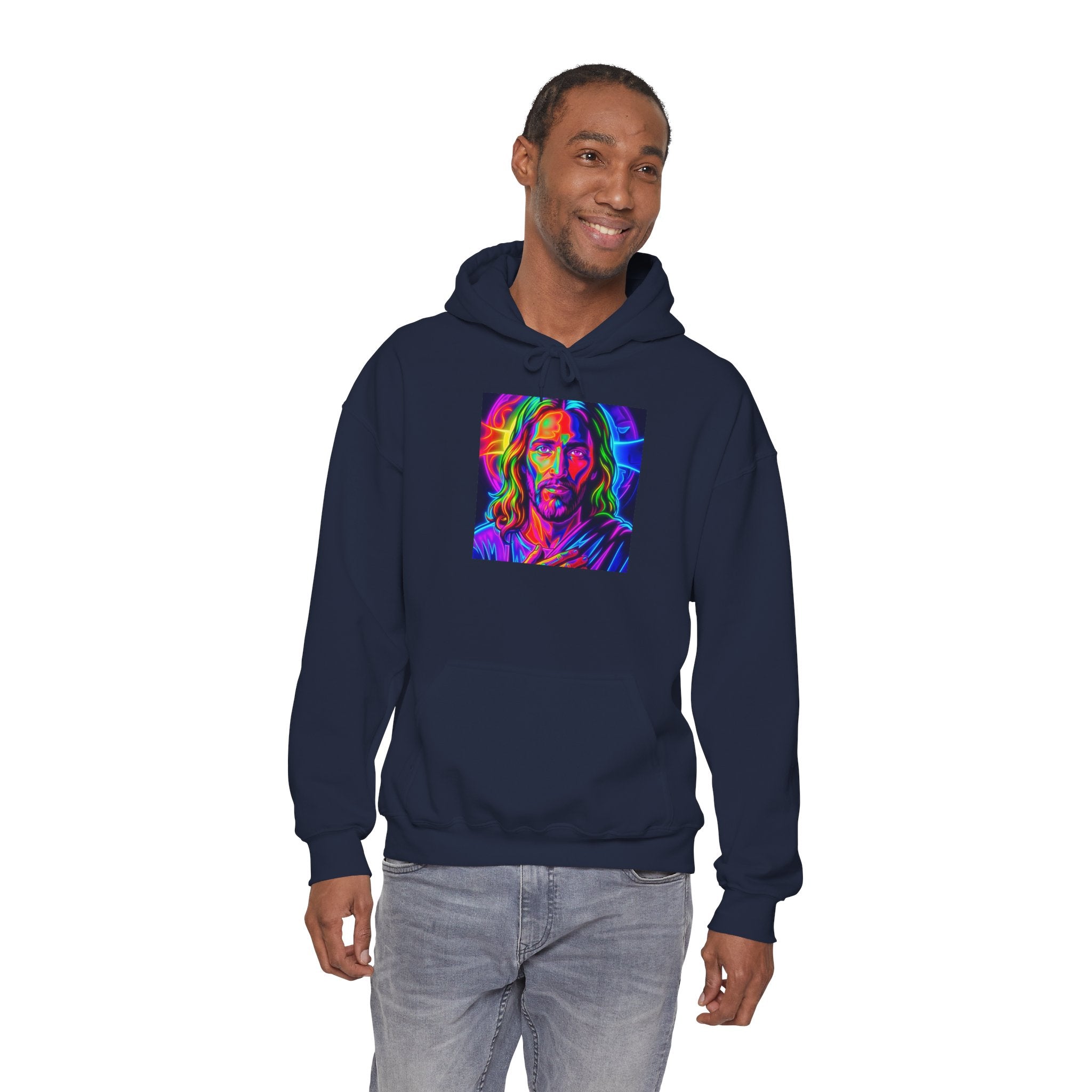 Psychedelic Jesus Portrait Hoodie — Vibrant Rainbow Christian Graphic Sweatshirt