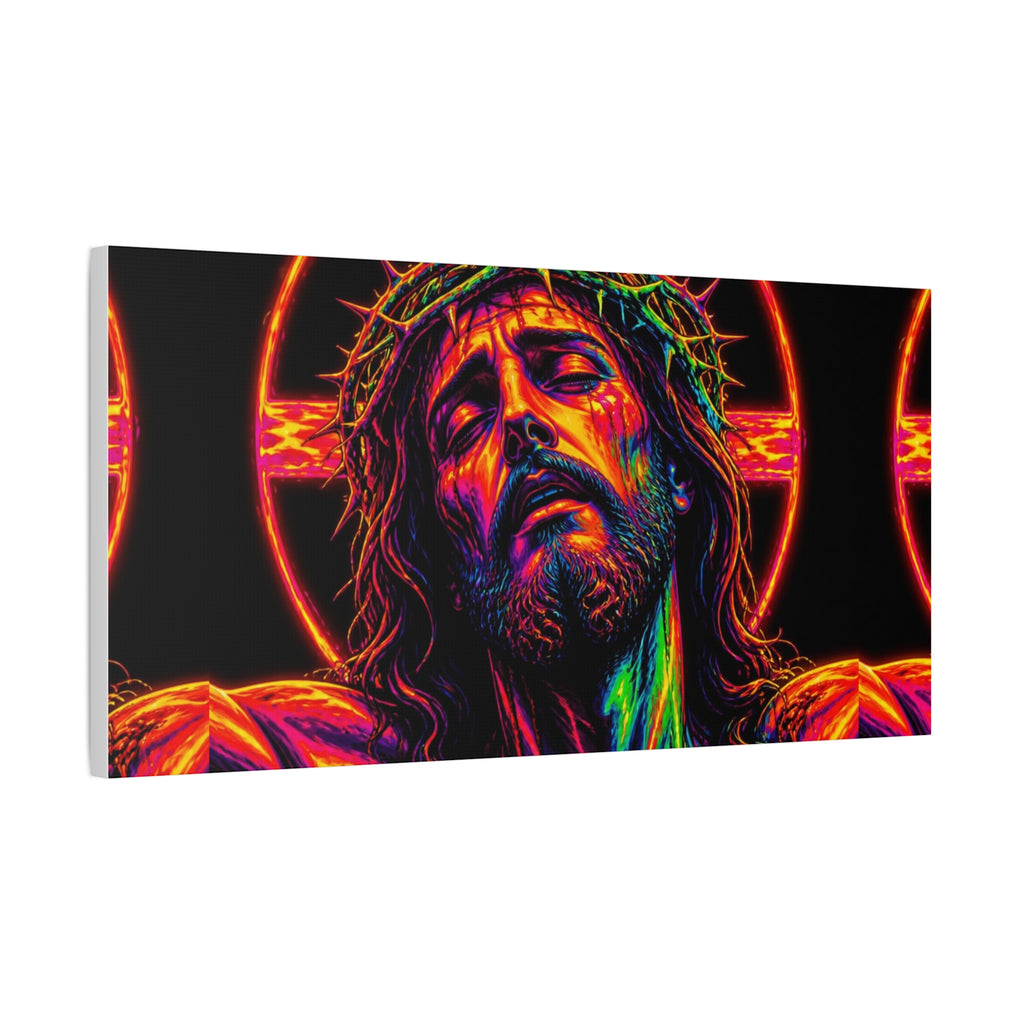 Neon Christ Crucifix Canvas Print — Vibrant Religious Wall Art