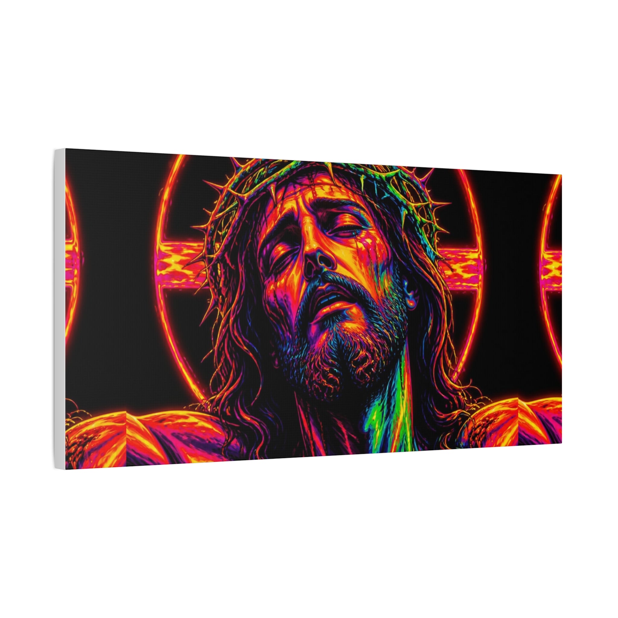 Neon Christ Crucifix Canvas Print — Vibrant Religious Wall Art