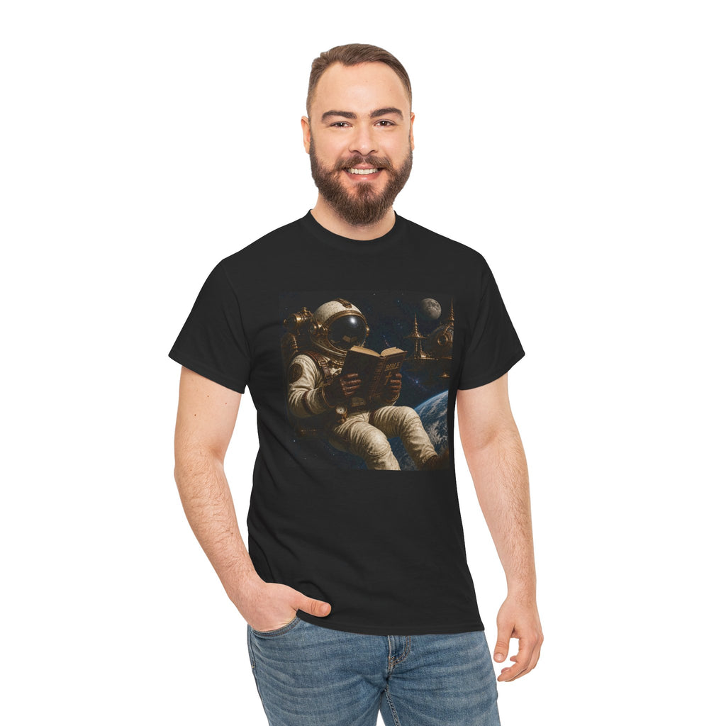Astronaut Reading Graphic Tee — Spacebook Retro Sci‑Fi T-Shirt - Steampunk