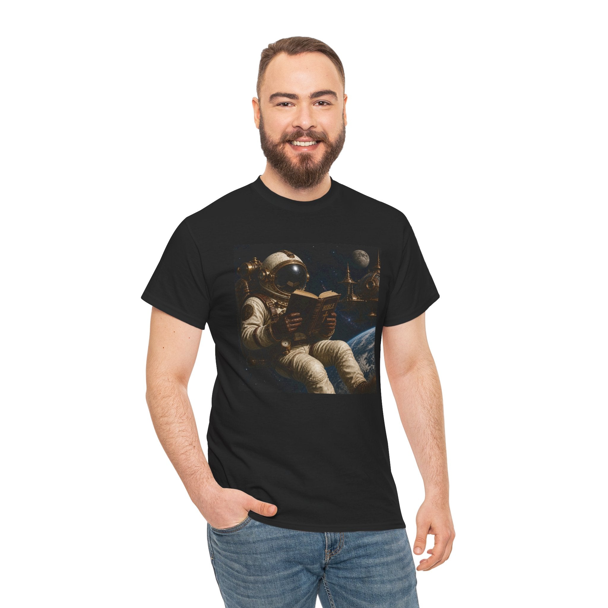 Astronaut Reading Graphic Tee — Spacebook Retro Sci‑Fi T-Shirt - Steampunk
