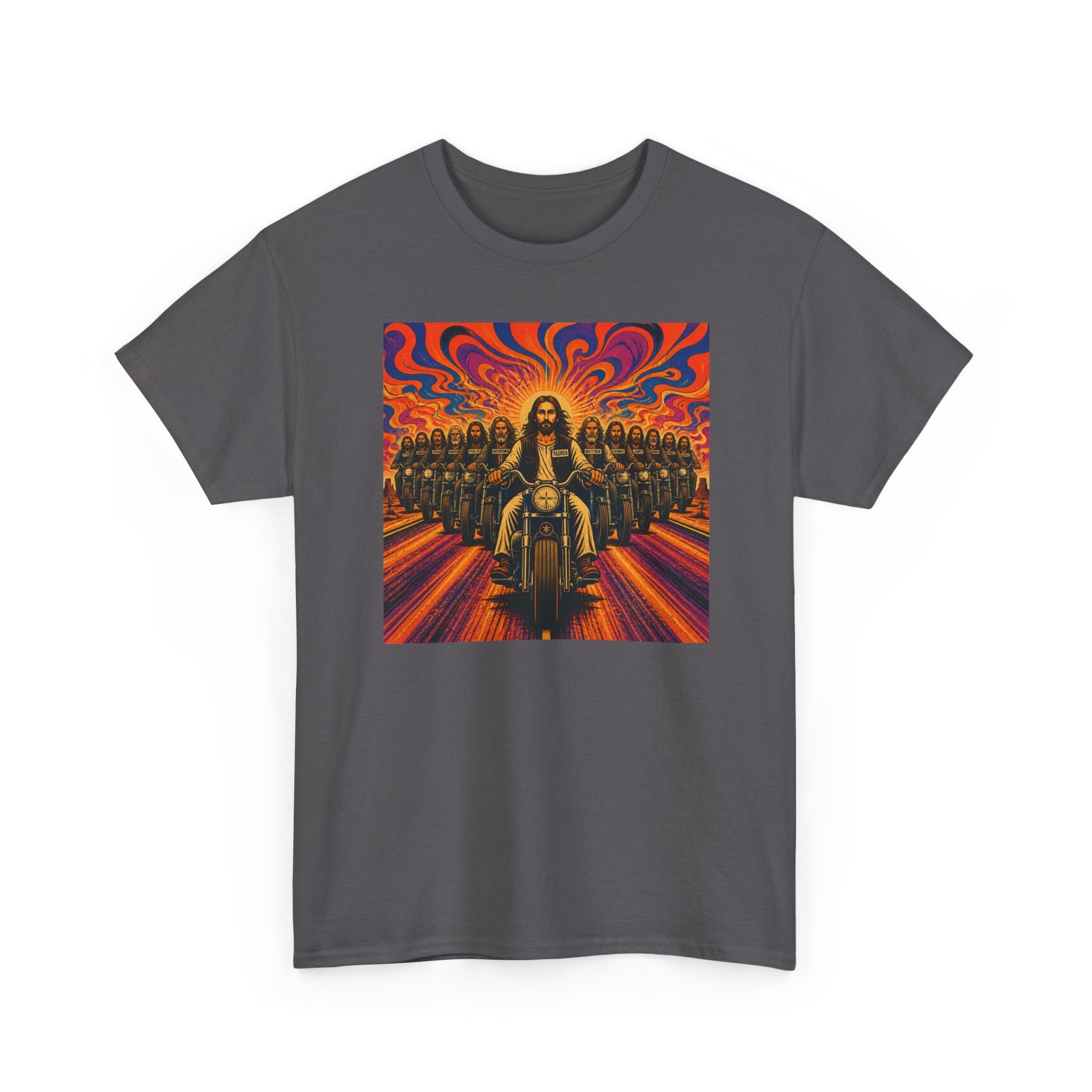Psychedelic Yashua/Jesus Biker Crew T-Shirt — Retro Jesus Motorcycle Rider Graphic Tee