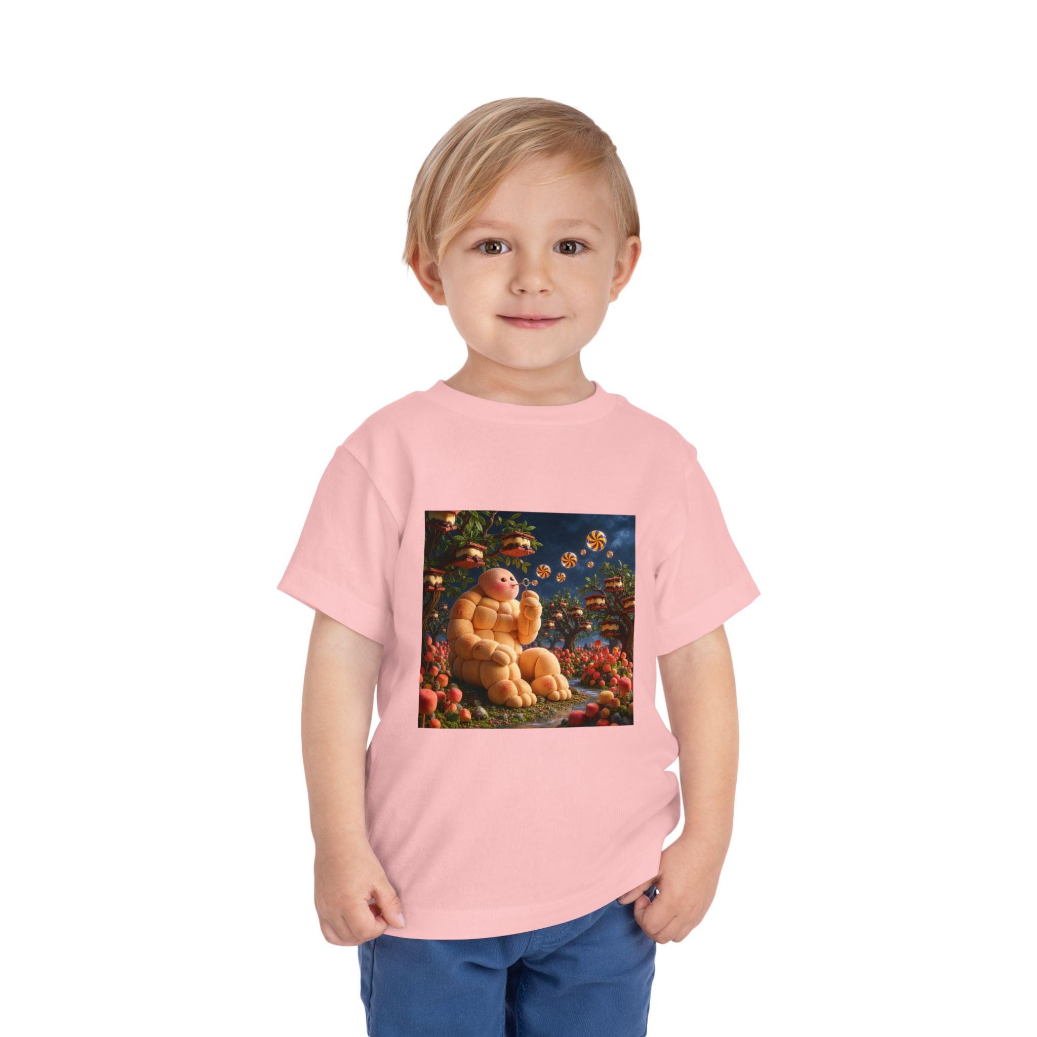 Toddler Tee — Cute Chubby Creature in Flower Garden Kids Shirt-Marshmallow Man