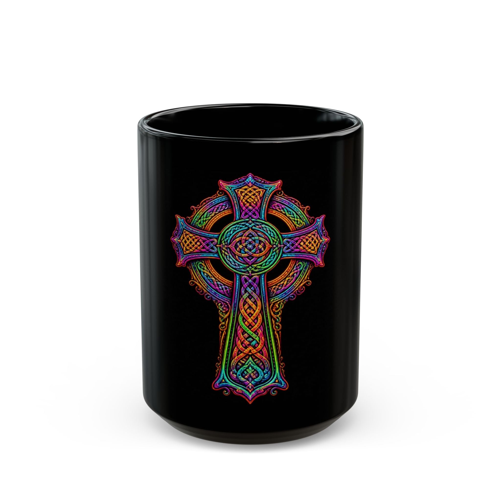 Celtic Rainbow Cross Black Mug — Religious  Colorful Knotwork 11oz/15oz